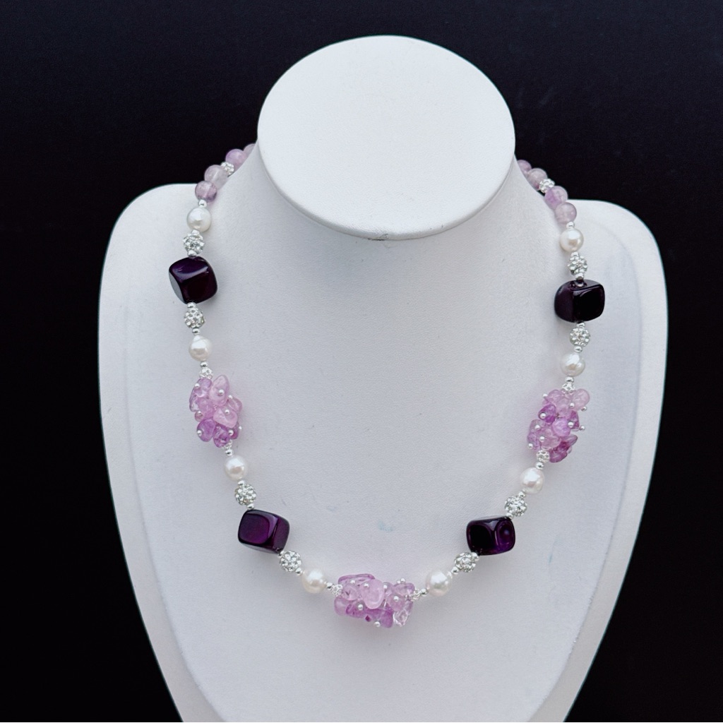 26x168 Handmade Freshwater Pearl Amethyst Flower Blossom Necklace 56$